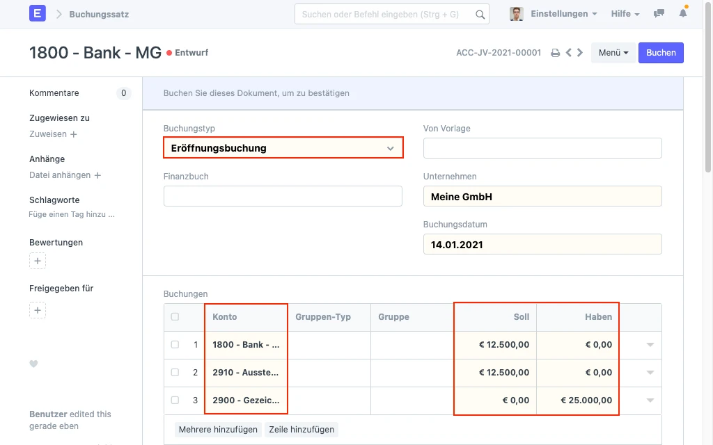 Konten im Buchungssatz hinterlegen